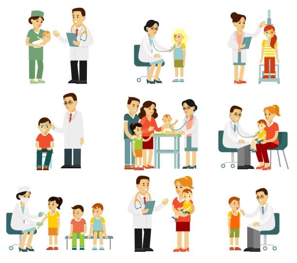 Pediatrician doctor and child set. Medical checkup of kids in hospital. Young man and woman physician doing examination of health for the children baby doctor stock illustrations