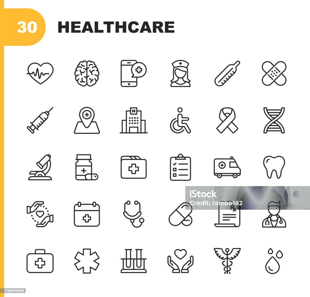 Healthcare Line Icons. Editable Stroke. Pixel Perfect. For Mobile and Web. Contains such icons as Hospital, Doctor, Nurse, Medical help, Dental 30 Healthcare Outline Icons. Icon stock vector
