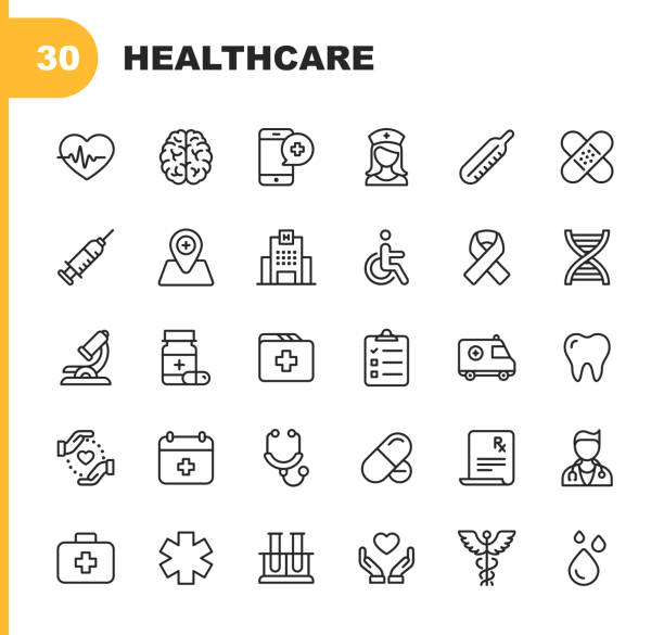 Healthcare Line Icons. Editable Stroke. Pixel Perfect. For Mobile and Web. Contains such icons as Hospital, Doctor, Nurse, Medical help, Dental 30 Healthcare Outline Icons. healthcare and medicine stock illustrations