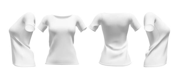 istock Realistic womens white t-shirt with short sleeves mockup set. Front, back and side view mockup. Isolated vector illustration. 1138021580