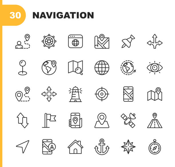 Navigation Line Icons. Editable Stroke. Pixel Perfect. For Mobile and Web. Contains such icons as Placeholder, Compass Rose, Map, Direction, Navigation Target. 30 Navigation Outline Icons. navigational equipment stock illustrations