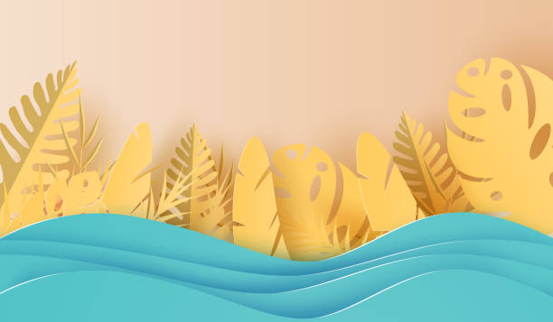 istock 3D Paper art of illustration Summer season Tropical leaf palm decoration on placed text space background, Paper cut origami style on sea beach pastel,Summertime creative idea colorful for card,vector. 1138022830
