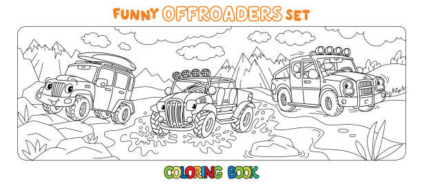 Funny buggy car or outroader coloring book set. Buggy, offroader or SUV, and pickup truck coloring book set for kids. Small funny vector cute cars with eyes and mouth. Children vector illustration. buggy eyes stock illustrations