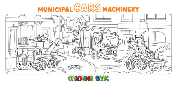 lucu mobil kota kecil dengan mata mewarnai buku - car lifting machine ilustrasi stok