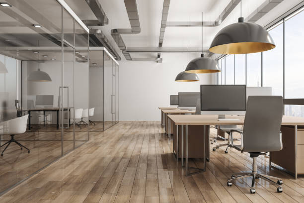 Modern office interior with city view Modern office interior with daylight and city view. 3D Rendering empty stock pictures, royalty-free photos & images