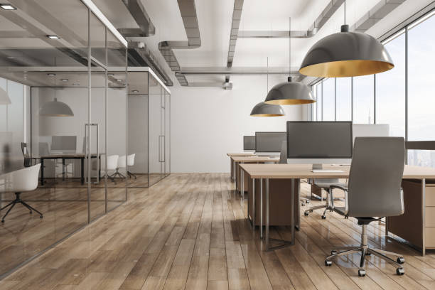 Modern office interior with city view Modern office interior with daylight and city view. 3D Rendering coworking stock pictures, royalty-free photos & images