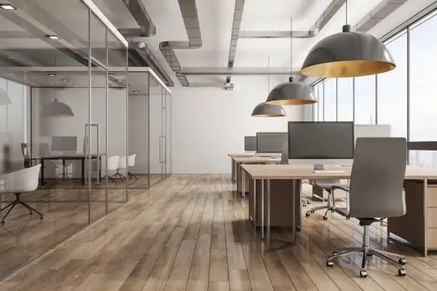 Modern office interior with daylight and city view. 3D Rendering