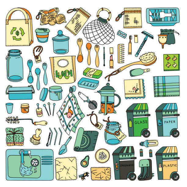 zero waste similar Zero waste doodle set. Kitchen, beauty, home and shopping. Ecoliving. Sustainable houshold. beeswax wrap stock illustrations