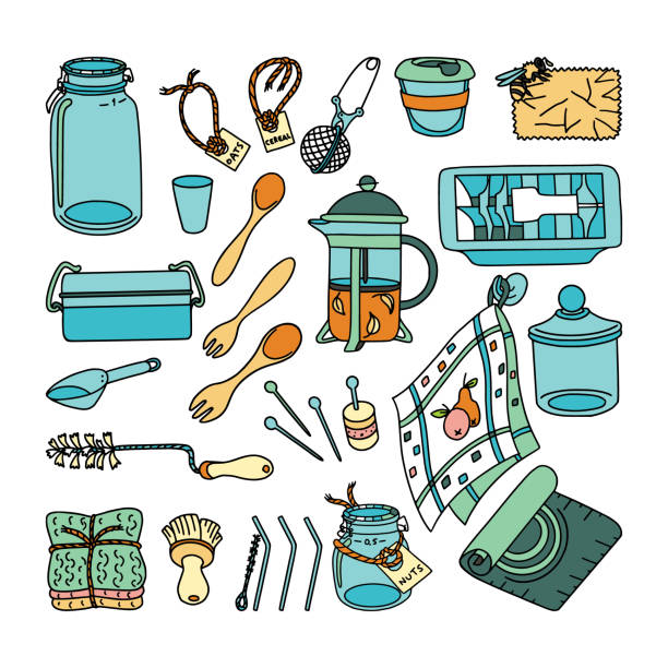 zero waste similar Zero waste doodle set. Kitchen, home and shopping. Ecoliving. Sustainable houshold. beeswax wrap stock illustrations