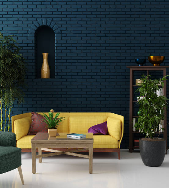 Colorful hipster living room with blue brick wall and yellow sofa, bohemian style Colorful hipster living room with blue brick wall and yellow sofa, bohemian style, 3d render bohemia stock pictures, royalty-free photos & images