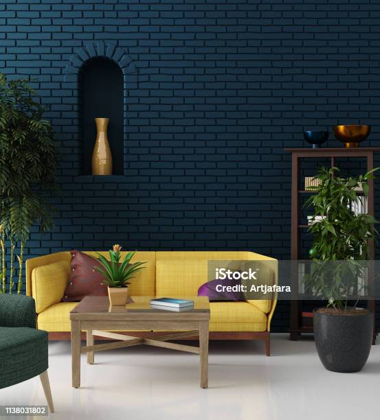 Colorful Hipster Living Room With Blue Brick Wall And Yellow Sofa Bohemian Style Stock Photo - Download Image Now