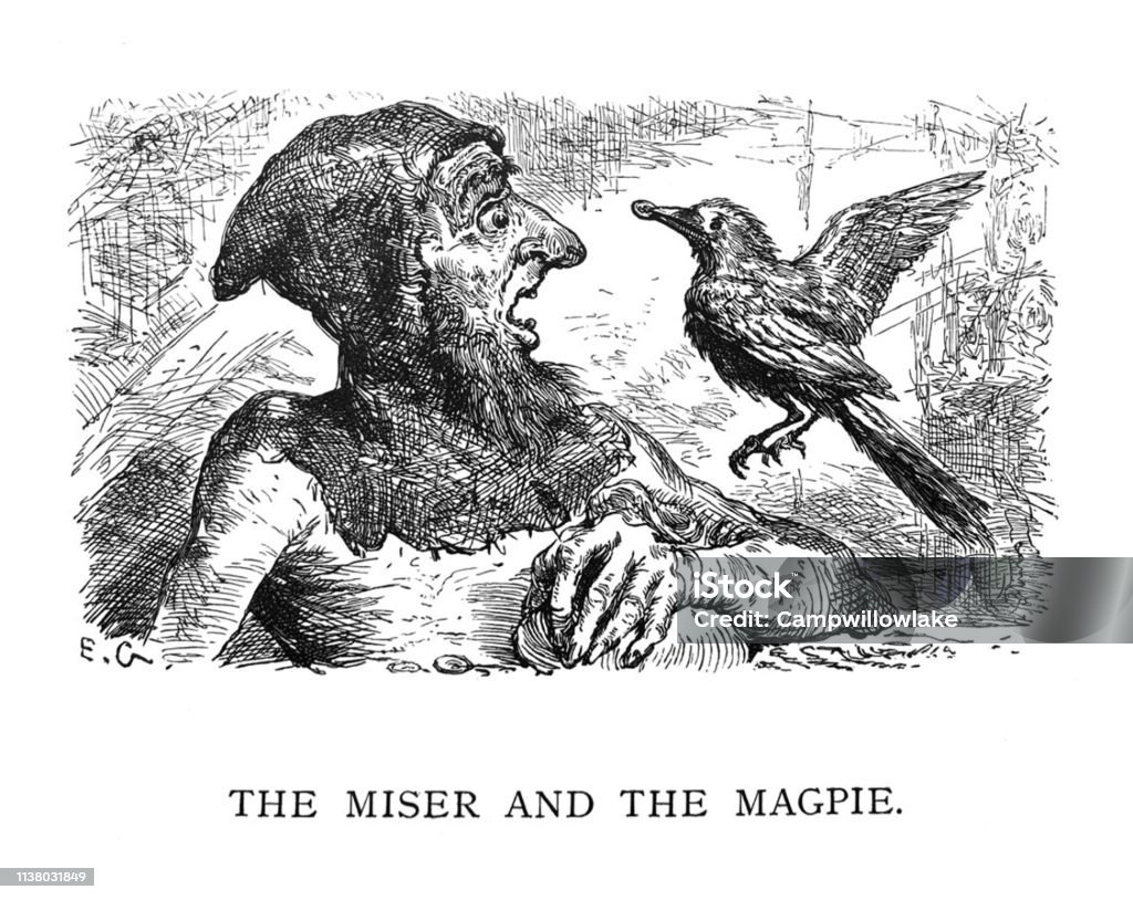 Aesop es Fables-The Miser And The Magpie-Illustration - Lizenzfrei Äsop - Schriftsteller Stock-Illustration