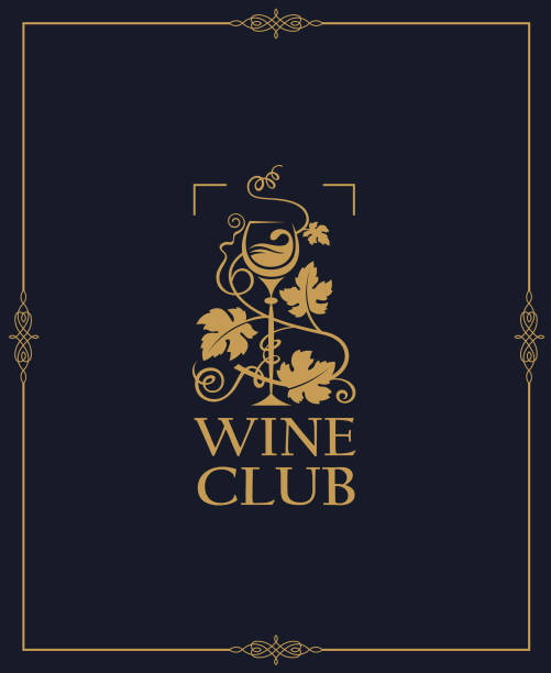 wine club label wine club emblem with grapes and glass vineyard wine frame vine stock illustrations