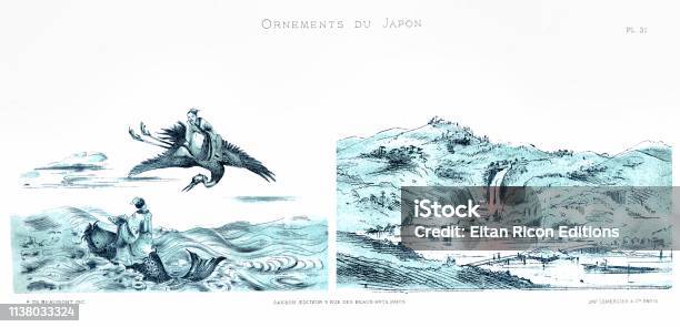 Sketch Of Japanese Landscape Drawing Of A Childrens Book From Japan Ornaments 1883 Stock Illustration - Download Image Now