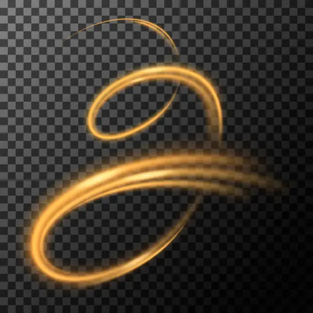 Vector illustration of Golden spiral with light effect. Shining vortex lines on a transparent background