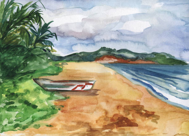 istock Watercolor illustration of a tropical beach, boat, waves and palms. 1138036894