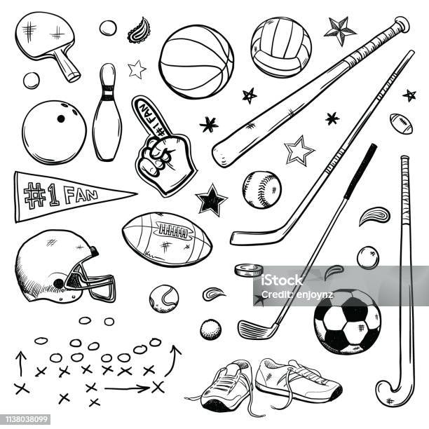 Спортивные Каракули — стоковая векторная графика и другие изображения на тему Спорт - Спорт, Футбольный мяч, Рисунок - произведение искусства