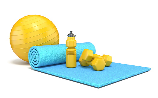 Exercise mat with weights, fitness ball and water bottle 3D rendering illustration isolated on white background