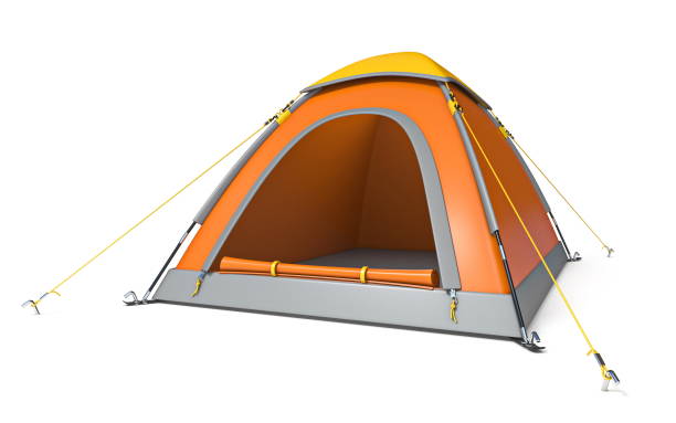 amarillo anaranjado camping vista lateral 3d - tent camping dome tent single object fotografías e imágenes de stock