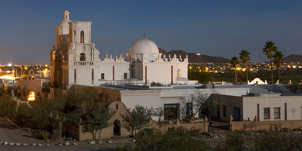 San Xavier Mission at night from the hill. White dove of the desert.