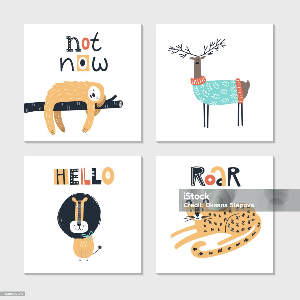 Collection of children cards with cute animals and lettering. Perfect for nursery posters. Vector illustration. Collection of children cards with cute animals and lettering. Perfect for nursery posters. Vector illustration Laziness stock vector