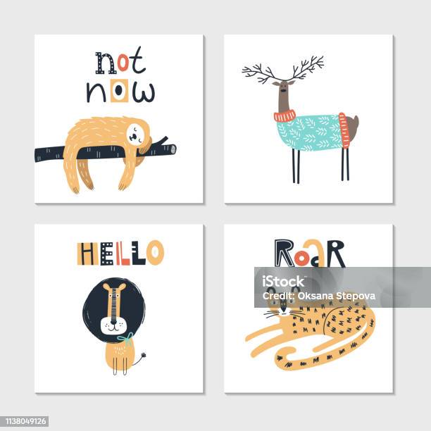 Collection Of Children Cards With Cute Animals And Lettering Perfect For Nursery Posters Vector Illustration Stock Illustration - Download Image Now