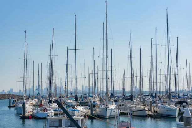 Melbourne, Australia - April 6, 2017: Yachts and boats on berth, anchorage on Brighton beach moorage parking
