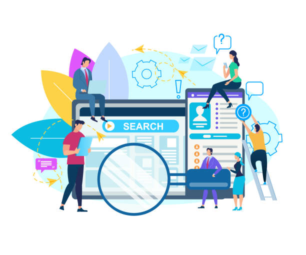 People Moving Around of Huge Computer Monitor People Moving Around of Huge Computer Monitor and Smartphone Isolated on White Background. Search Window on Screen. Businessman Holding Magnifier, Climbing Man. App. Cartoon Flat Vector Illustration cartoon of a searching stock illustrations