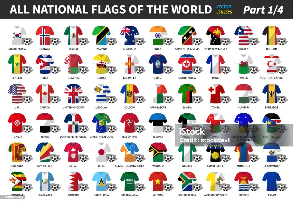 Ensemble de maillot national de football ou d'équipe de soccer du monde. Nation Flag Mix avec style de vêtements. Éléments vectoriels pour le concept de championnat international sportif. Design plat. Partie 1 de 4. - clipart vectoriel de Tenue de football libre de droits