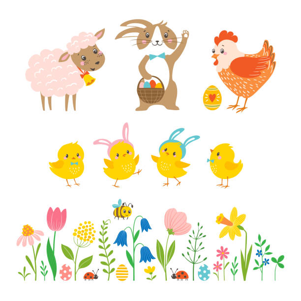 illustrations, cliparts, dessins animés et icônes de ensemble de caractères mignons de pâques et éléments de conception - easter animal egg eggs vector