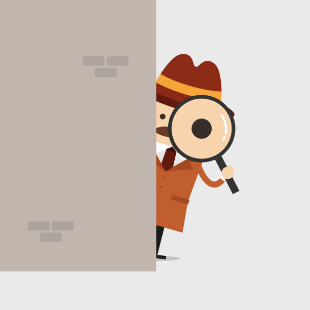 Detective holding a magnifying glass behind the wall. Police detective and inspector cartoon. Detective holding a magnifying glass behind the wall. Police detective and inspector cartoon. detective illustrations stock illustrations