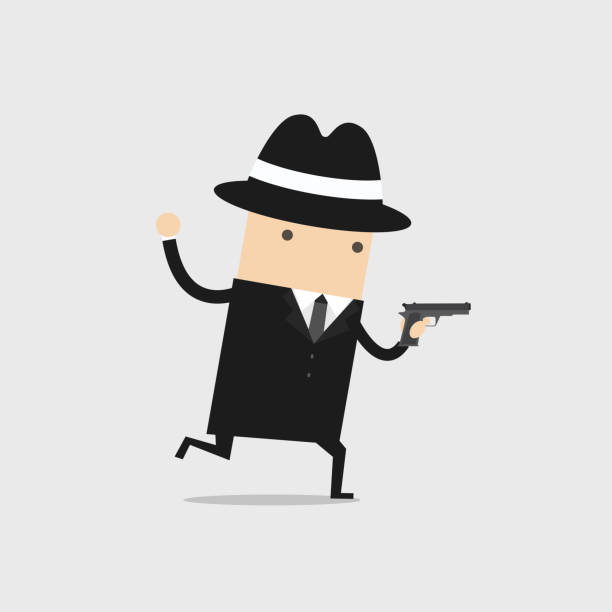 ilustrações de stock, clip art, desenhos animados e ícones de the detective ran with a gun in his hand. - spy gun men humor