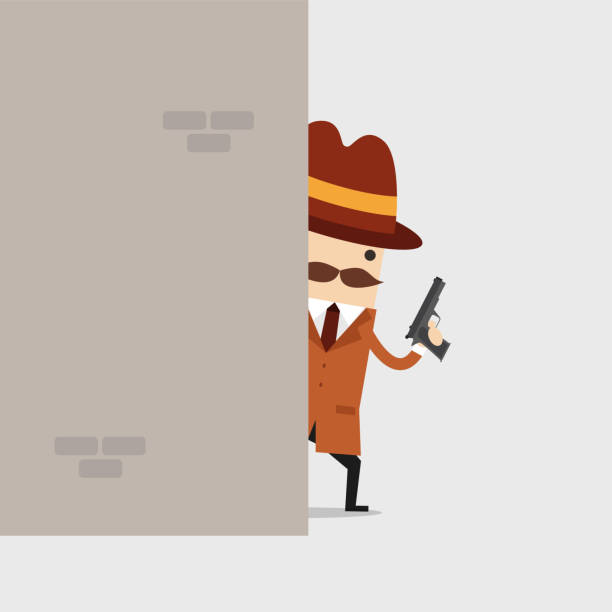 ilustrações de stock, clip art, desenhos animados e ícones de detective holding a gun behind the wall. police detective and inspector cartoon. - spy gun men humor