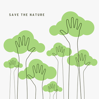 Lined of hands raised up like trees. Save the Nature, save the world concept.