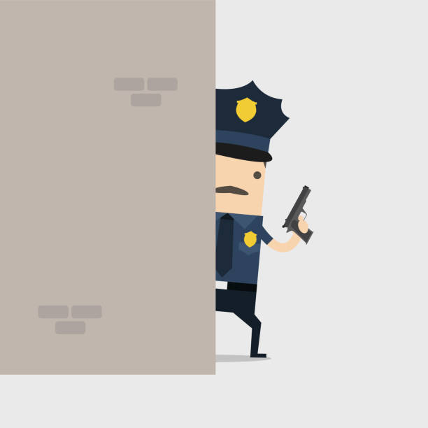 ilustrações de stock, clip art, desenhos animados e ícones de police holding a gun behind the wall. police officer and inspector cartoon. - spy gun men humor