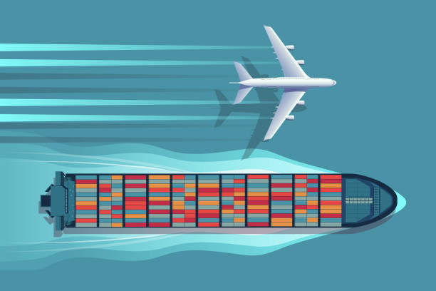 bildbanksillustrationer, clip art samt tecknat material och ikoner med transport logistik container fartyg och flyg plan. - kondensspår