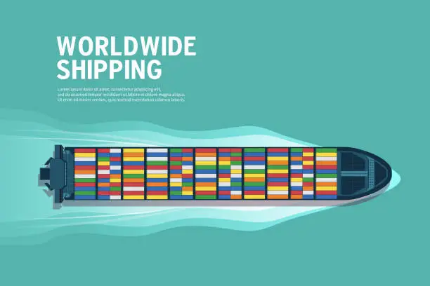 Vector illustration of Top view of the industrial marine vessel at sea banner. Sea transportation logistic. Sea Freight. Maritime shipping. Merchant Marine. Cargo ship.