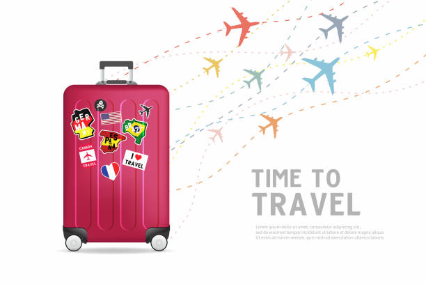 illustrazioni stock, clip art, cartoni animati e icone di tendenza di è ora di viaggiare. modello banner borsa bagaglio da viaggio. concetto di viaggio e turismo. - trolley