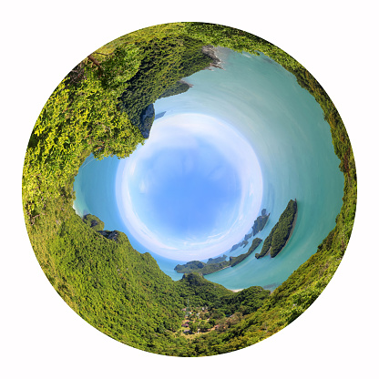 Circle Green planet, Panorama view of ang thong Island ,Archipelago in Thailand, Polar Coordinates design.