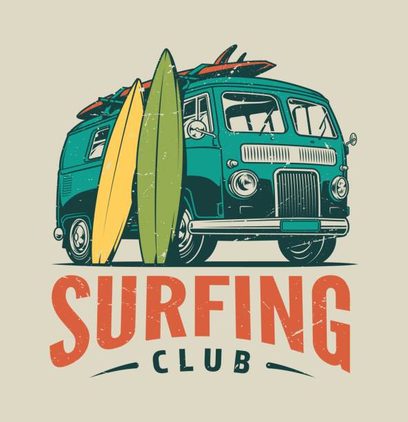 Vintage surfing colorful template Vintage surfing colorful template with summer travel van and surfboards isolated vector illustration surfboard stock illustrations