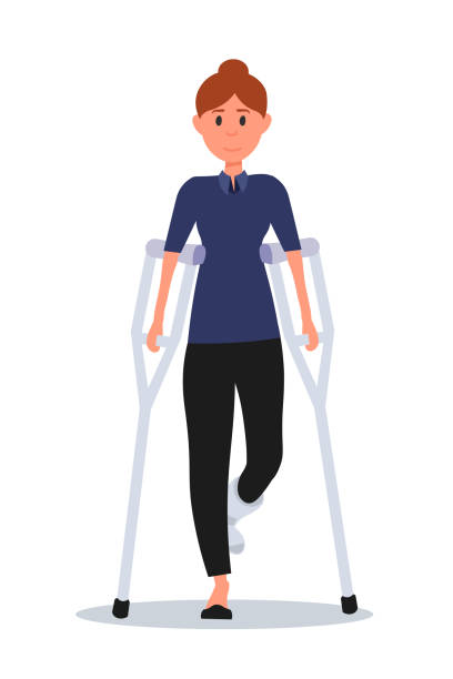 Woman with broken leg flat vector illustration Woman with broken leg flat vector illustration. Ankle in plaster. Injured girl with metal crutches clipart. Patient going to hospital isolated design element. Doctor appointment. Accident, emergency fractured foot drawing stock illustrations