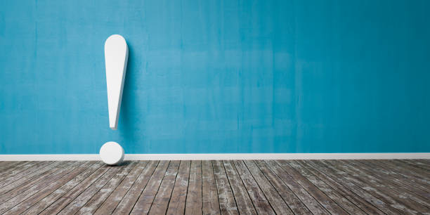 White exclamation mark on wooden floor and concrete wall 3D Illustration Warning Concept