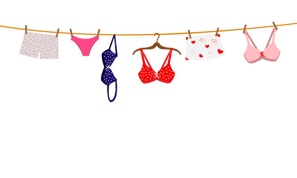 illustrations, cliparts, dessins animés et icônes de pantie, soutien-gorge et lingerie suspendus sur corde. illustration vectorielle. - bra lingerie clothesline underwear