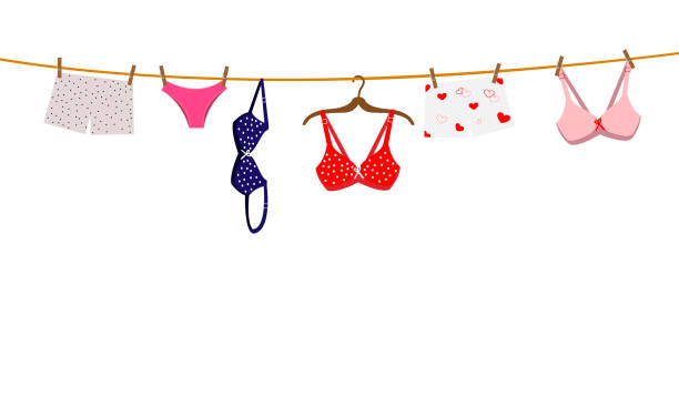 끈, 브래지어, 란제리에 매달려 있습니다. 벡터 일러스트입니다. - bra lingerie clothesline underwear stock illustrations