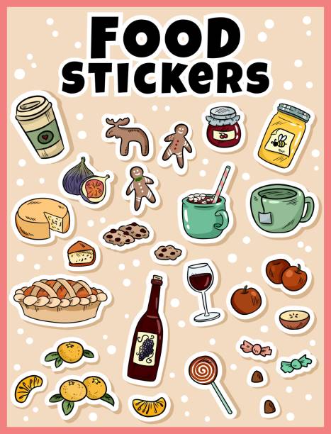 Food sticker set. Stickers, pins, patches and labels collection in cartoon comic style Food sticker set. Stickers, pins, patches and labels collection in cartoon comic style apple pie cheese stock illustrations