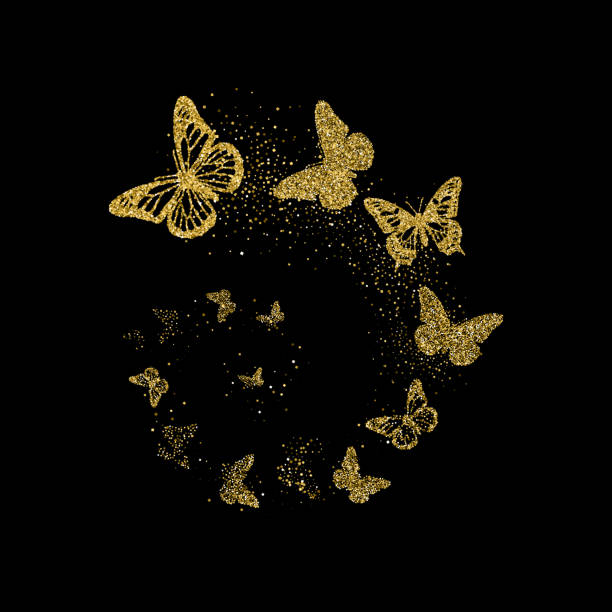Golden glitter butterflies fly in spiral on black background. Beautiful gold silhouettes with different shapes wings. For invitation, fashion, decorative abstract design elements. Vector illustration. vector art illustration