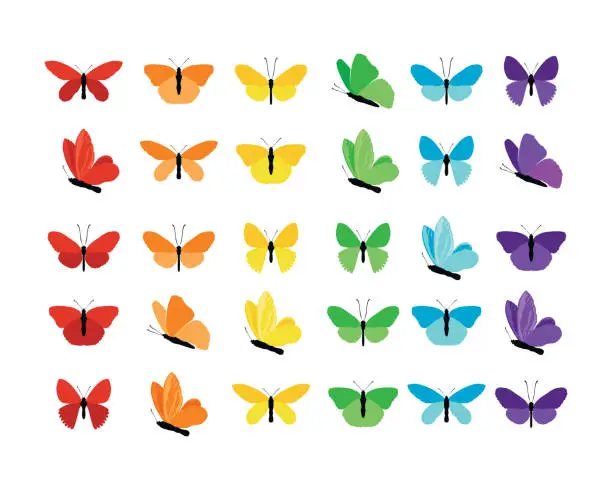 Vector illustration of Set of colorful butterflies silhouettes collection spring and summer with different shapes of wings. Isolated on white background, for illustration, ornaments, tattoo. Vector illustration.