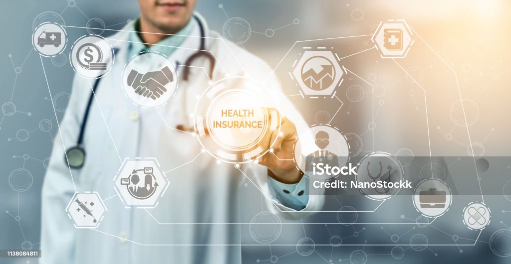 Health Insurance Concept - Doctor in hospital with health insurance related icon graphic interface showing healthcare people, money planning, risk management, medical treatment and coverage benefit. Medical Insurance Stock Photo