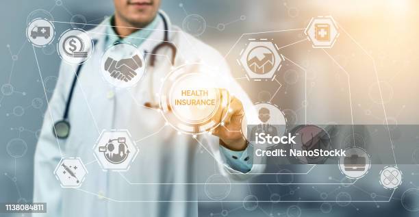 Health Insurance Concept Doctor In Hospital With Health Insurance Related Icon Graphic Interface Showing Healthcare People Money Planning Risk Management Medical Treatment And Coverage Benefit Stock Photo - Download Image Now