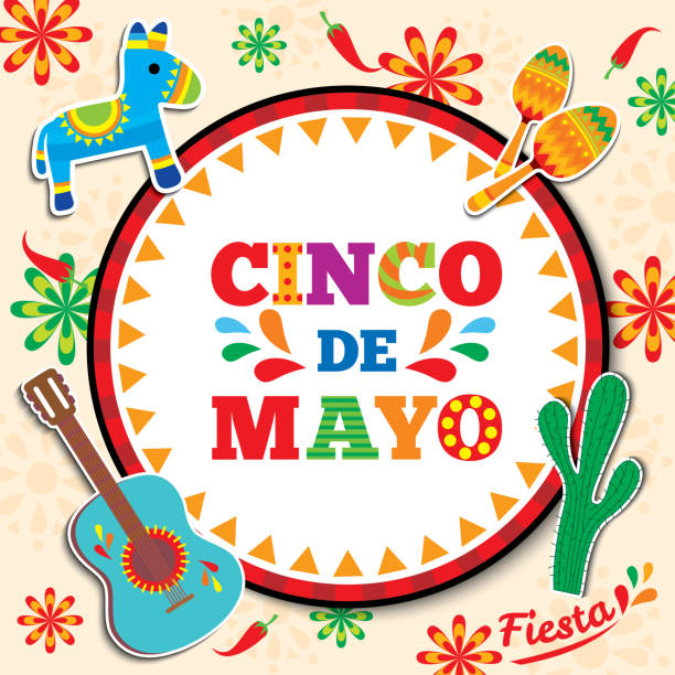 Five-of-May-5 Cinco de mayo design with circle frame background decorated with maracas, pinata,guitar and cactus guitar borders stock illustrations